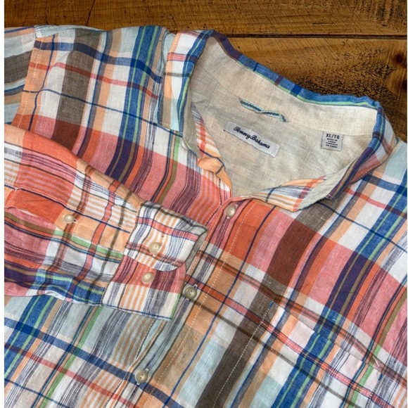 Tommy Bahama Other - Tommy Bahama Mens 100% Linen Orange Blue Plaid Long Sleeve Button Down Shirt XL